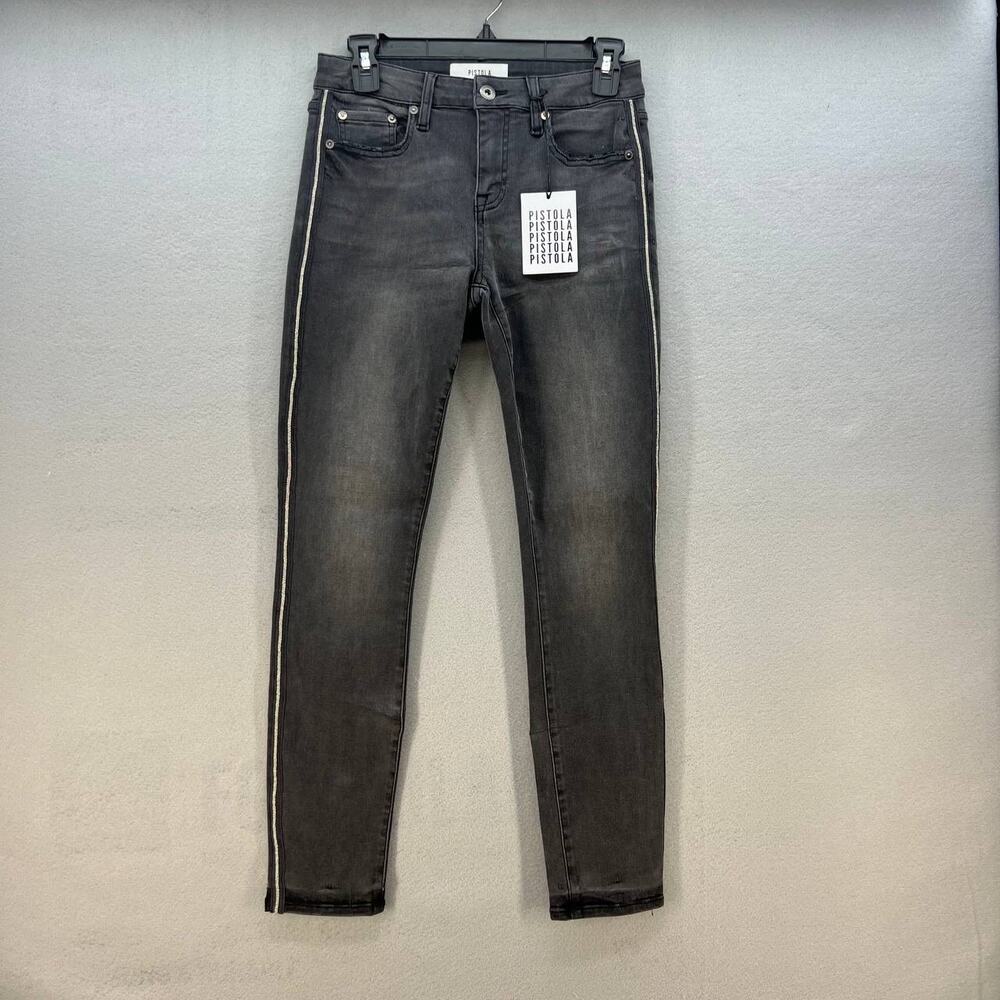 Pistola Jeans Womens 27 Audrey Mid Rise Skinny Black Sand Zipper Tuxedo Stripe